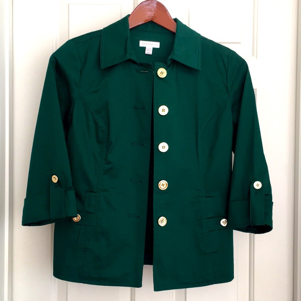 Charter Club Jacket Size XS Green Button down Collar 3/4 Rollup Sleeves